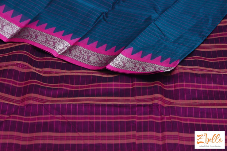 Peacock Green And Pink Cotton Saree With Zari Border No Bp Saree