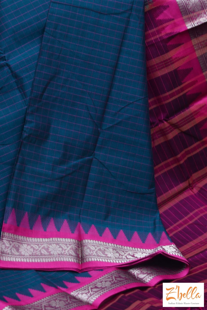 Peacock Green And Pink Cotton Saree With Zari Border No Bp Saree