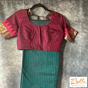 Peacock Green And Pink Cotton Saree With Zari Border Stitched Blouse Saree