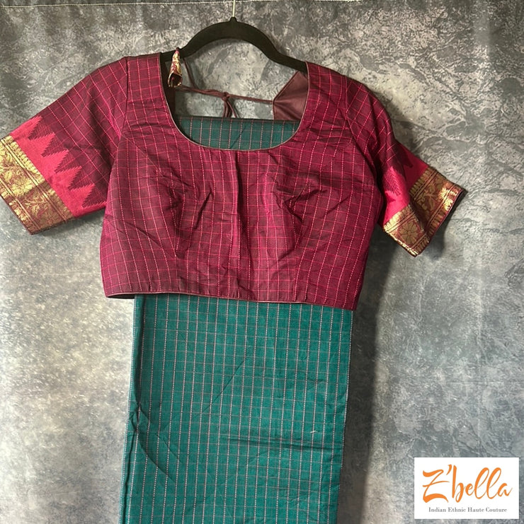 Peacock Green And Pink Cotton Saree With Zari Border Stitched Blouse Saree