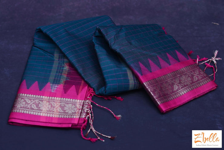 Peacock Green And Pink Cotton Saree With Zari Border No Bp Saree