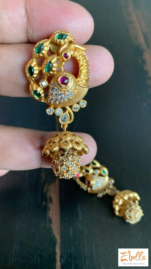 Peacock Stud With Jhumka Earrings Gold Tone