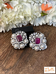 Pearl Studs With Red Stone Earrings Silver Tone
