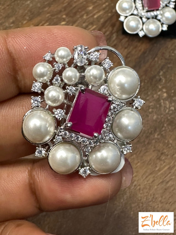 Pearl Studs With Red Stone Earrings Silver Tone