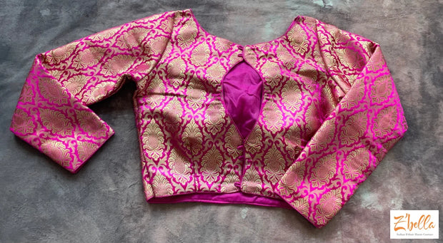 Pink Brocade Crop Top With Full Sleeves Blouse