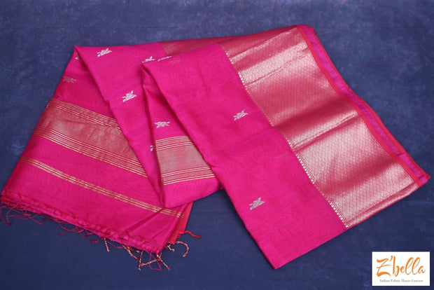 Pink Chanderi Handwoven Silk Saree With Stitched Blouse Saree