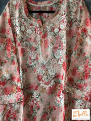 Pink Floral Chikankari Kurti In Kota Silk - Size 44 Kurti