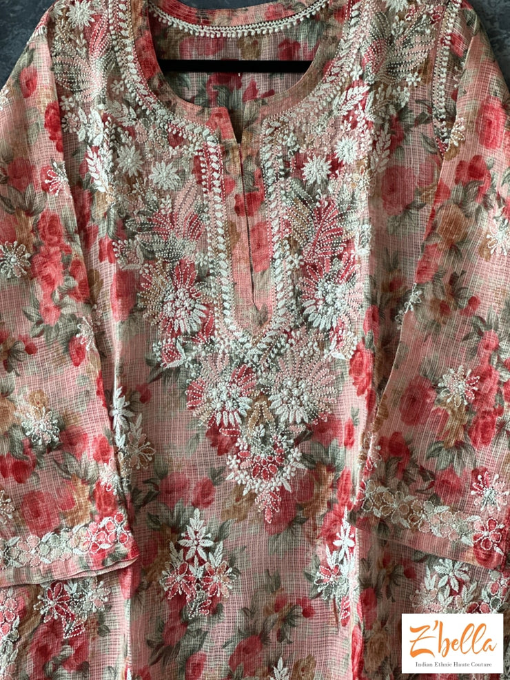 Pink Floral Chikankari Kurti In Kota Silk - Size 44 Kurti