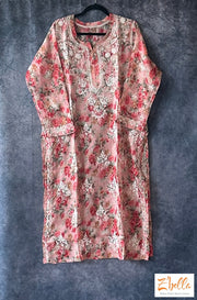 Pink Floral Chikankari Kurti In Kota Silk - Size 44 Kurti