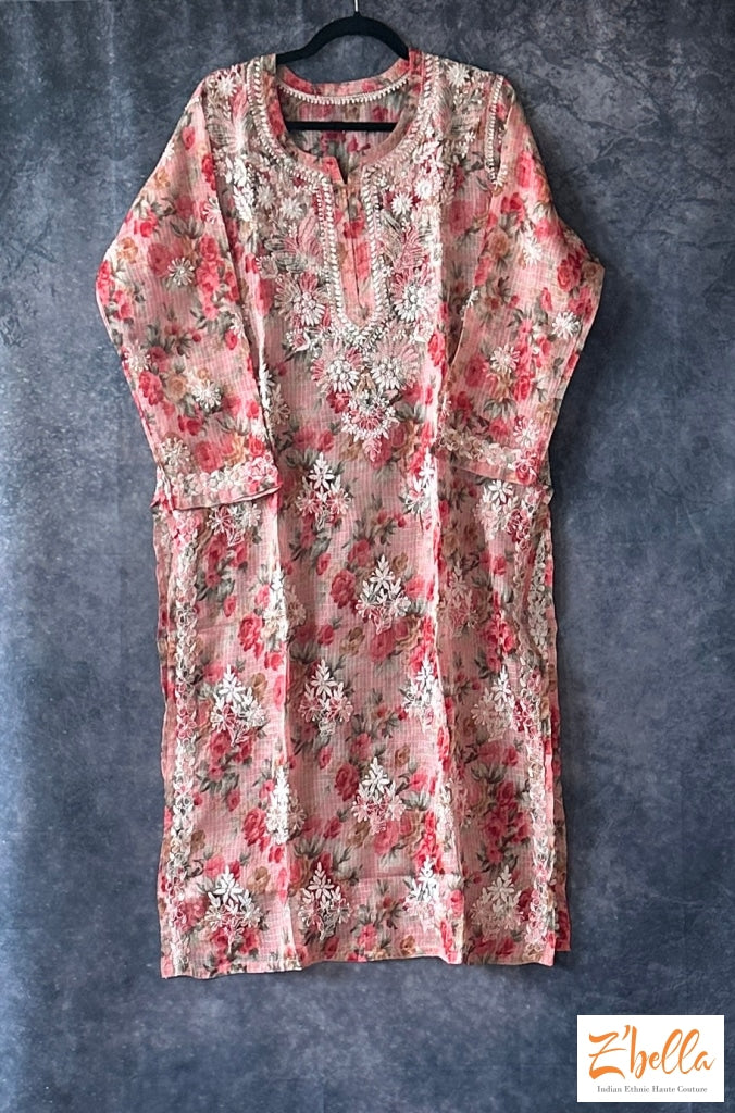 Pink Floral Chikankari Kurti In Kota Silk - Size 44 Kurti