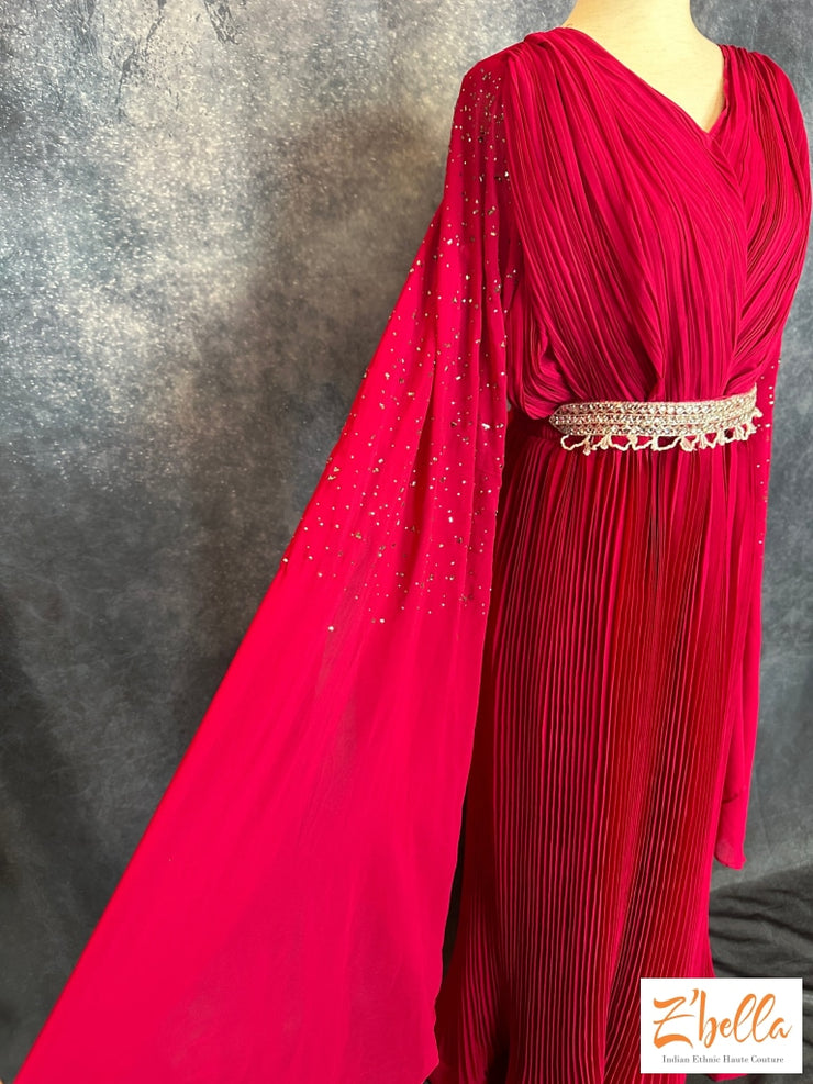Pink Gown With Sleeve Pattern And Belt Gown