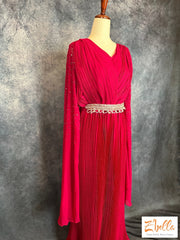 Pink Gown With Sleeve Pattern And Belt Gown