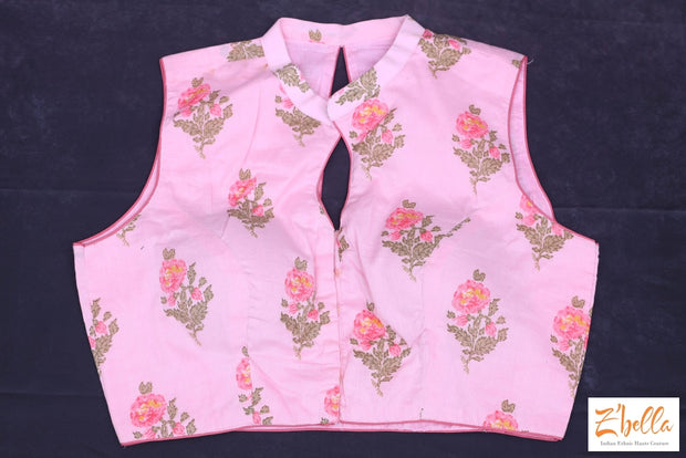Pink Jaipuri Print Cotton Sleeveless Blouse Blouse