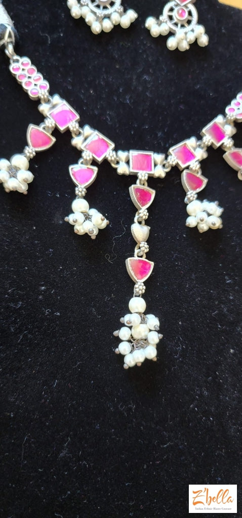 Pink Kemp Stone Necklace With Earring Necklace