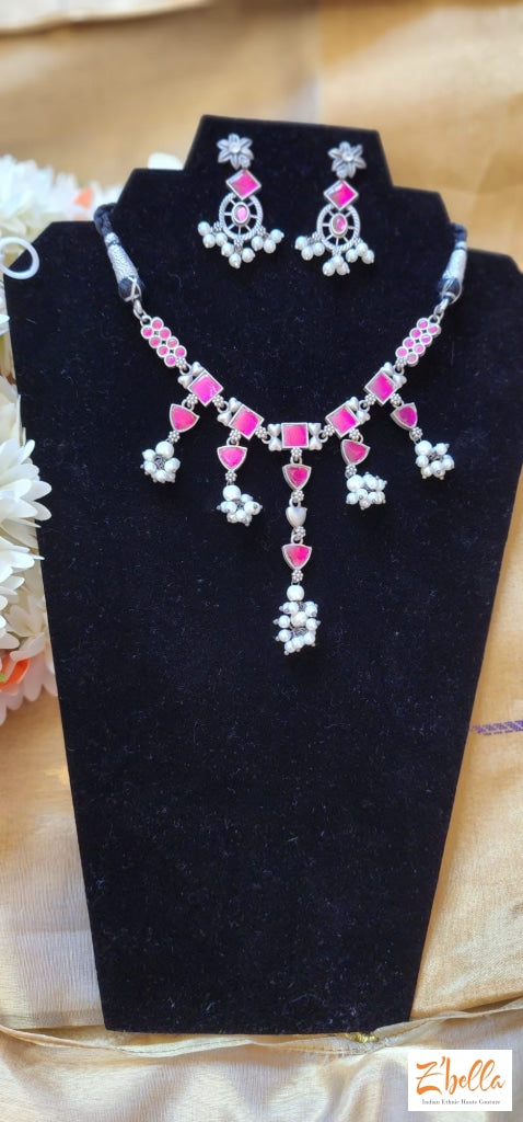 Pink Kemp Stone Necklace With Earring Necklace