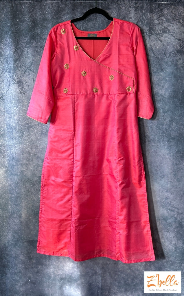 Pink Kurti Silk With Hand Embroidery Kurti Set