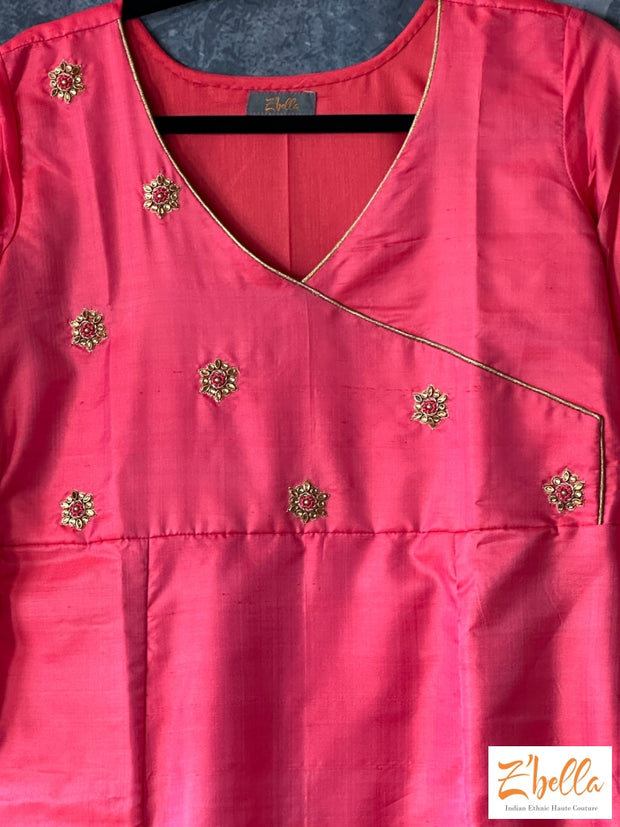 Pink Kurti Silk With Hand Embroidery Kurti Set