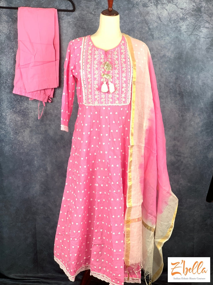 Pink Kurti With Mirror Work Comes Bottom And Dupatta - Size 38 Kurti Set