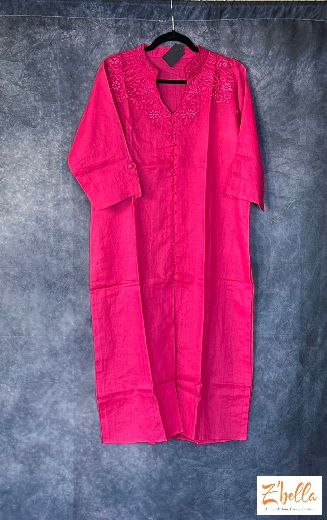 Pink Kurti With Neck Embroidery Kurti