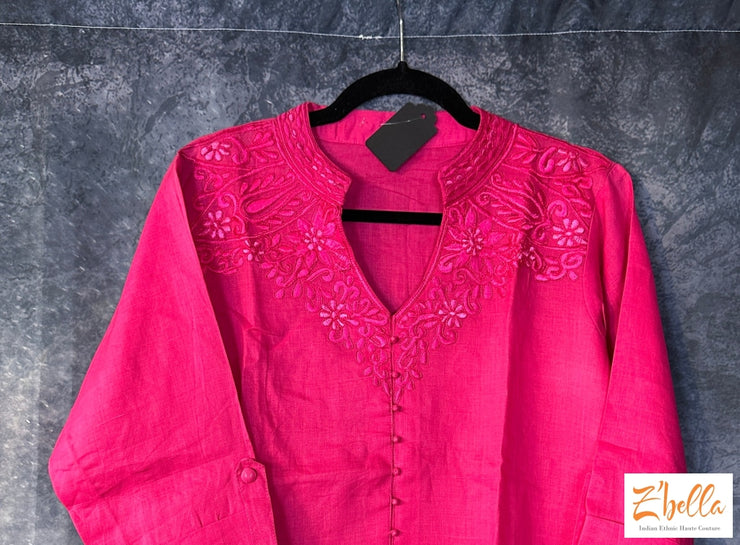 Pink Kurti With Neck Embroidery Kurti