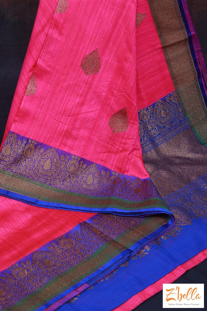 Pink Pure Matka Silk Saree With Blue Banarsi Border Stitched Blouse Saree