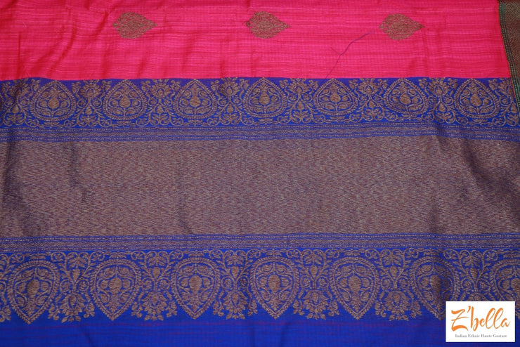 Pink Pure Matka Silk Saree With Blue Banarsi Border Stitched Blouse Saree