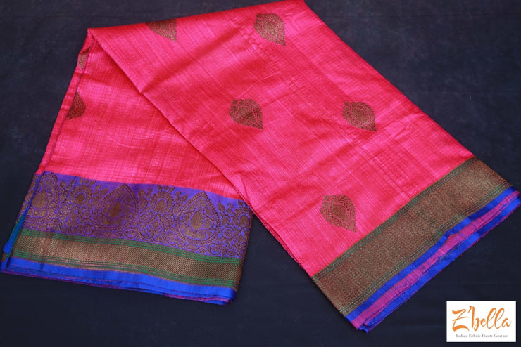 Pink Pure Matka Silk Saree With Blue Banarsi Border Stitched Blouse Saree