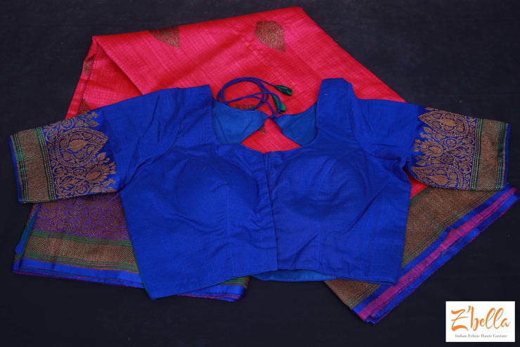 Pink Pure Matka Silk Saree With Blue Banarsi Border Stitched Blouse Saree