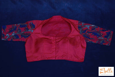 Pink Pure Silk Blouse With Kalamkari Patch Work And Bead Blouse