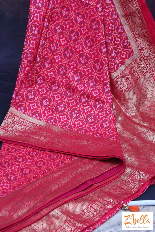 Pink Silk Saree With Pattola Weave Stitched Blouse Saree