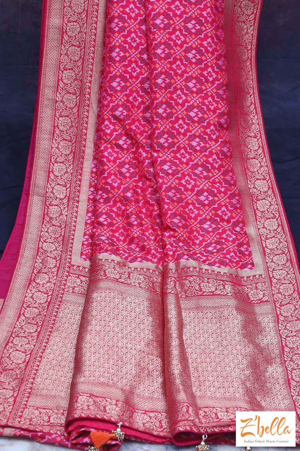 Pink Silk Saree With Pattola Weave Stitched Blouse Saree