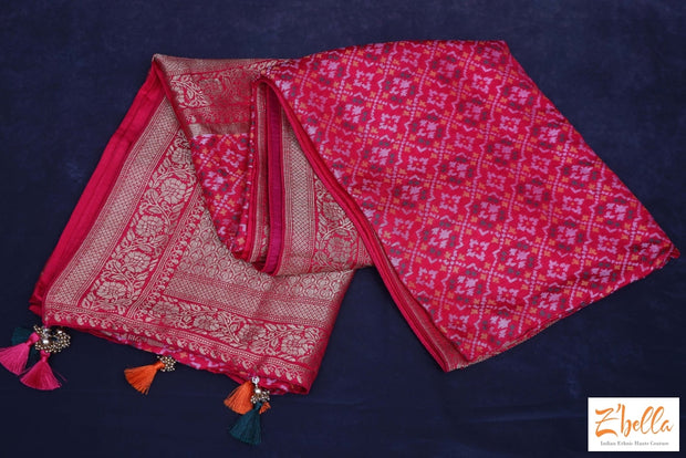 Pink Silk Saree With Pattola Weave Stitched Blouse Saree