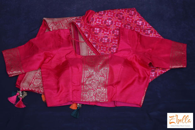 Pink Silk Saree With Pattola Weave Stitched Blouse Saree