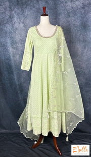 Pista Green Chikankari Anarkali Set Kurti Set