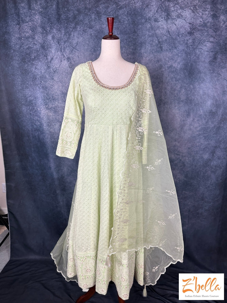 Pista Green Chikankari Anarkali Set Kurti Set