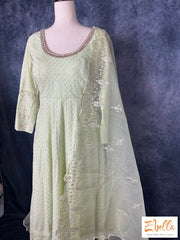 Pista Green Chikankari Anarkali Set Kurti Set