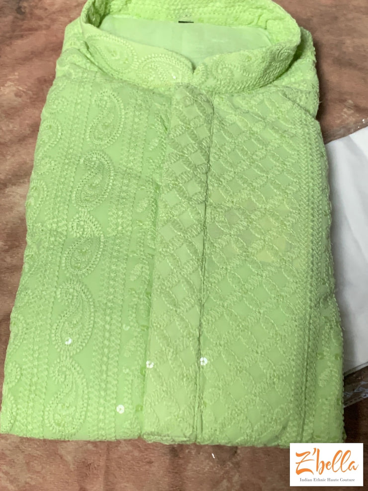 Pista Green Chikankari Kurtha With White Bottom Kurta Set
