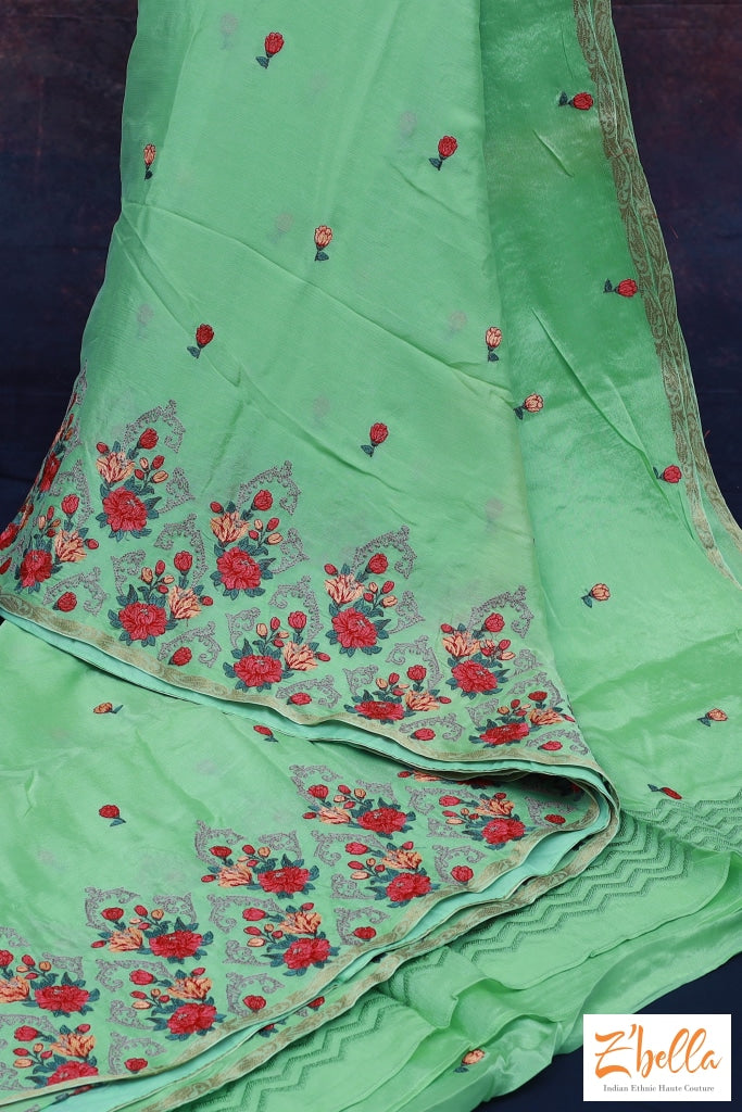 Pista Green Crepe Silk Saree With Embroidery Stitched Blouse Saree