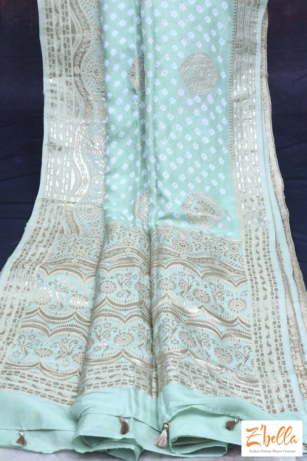 Pista Green Gajji Silk Bandini Saree With Stitched Blouse Saree