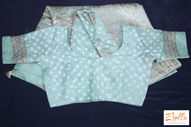 Pista Green Gajji Silk Bandini Saree With Stitched Blouse Saree