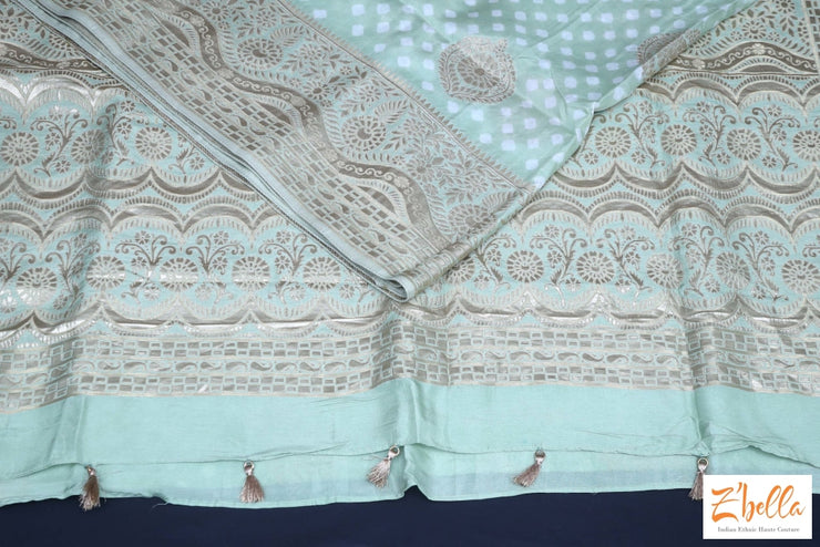 Pista Green Gajji Silk Bandini Saree With Stitched Blouse Saree