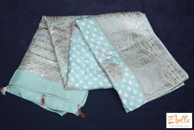 Pista Green Gajji Silk Bandini Saree With Stitched Blouse Saree