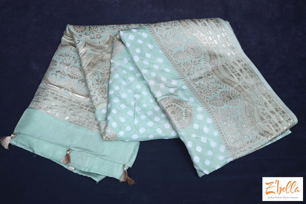 Pista Green Gajji Silk Bandini Saree With Stitched Blouse Saree