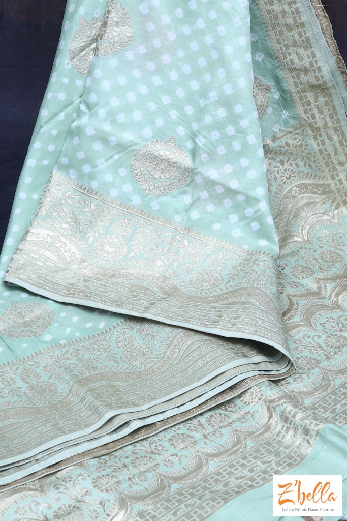 Pista Green Gajji Silk Bandini Saree With Stitched Blouse Saree