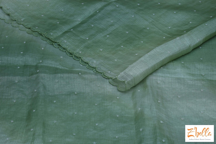 Pista Green Kota Silk Saree With Pearl Embroidery And Stitched Blouse Saree