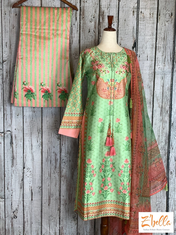 Pista Green Silk Top With Stone Work And Printed Palazzo Dupatta Salwar Suit