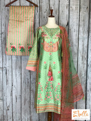 Pista Green Silk Top With Stone Work And Printed Palazzo Dupatta Salwar Suit