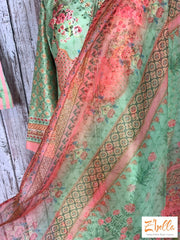 Pista Green Silk Top With Stone Work And Printed Palazzo Dupatta Salwar Suit