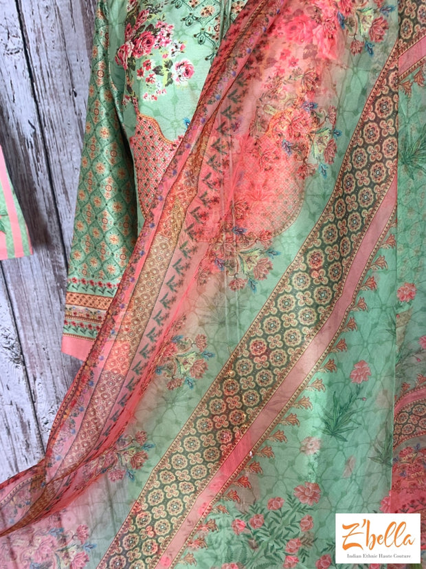 Pista Green Silk Top With Stone Work And Printed Palazzo Dupatta Salwar Suit