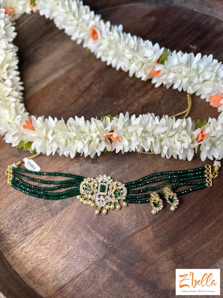 Polki Victorian Pendant Choker With Green Beads Earrings Necklace